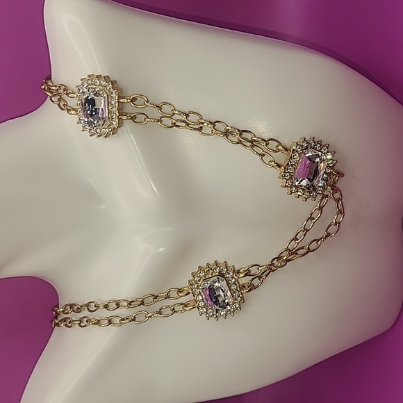 Gold tone double chain long necklace with faux diamonds - Picture 3 of 10